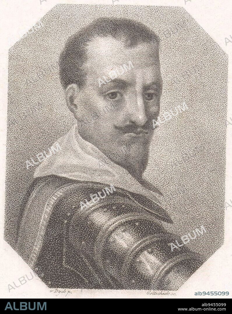 Portrait of Albrecht von Wallenstein Portraits of famous people Bildnisse der ber, print maker: Johann Christian Benjamin Gottschick, (mentioned on object), after: Anthony van Dyck, (mentioned on object), publisher: gebroeders Schumann, (mentioned on object), Zwickau, 1818 - 1832, paper, h 180 mm - w 114 mm.