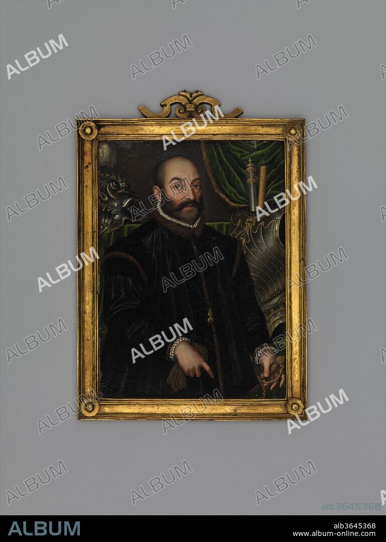 Guidobaldo II della Rovere, Duke of Urbino (1514-1574), With his  Armor by Filippo Negroli. Culture: Italian. Dimensions: 5 1/2 x 4 in. (14 x 10.2 cm); frame: 7 1/8 x 4 7/8 in. (18.1 x 12.5 cm). Date: ca. 1580-85.
Guidobaldo II della Rovere (1514-1574) was a professional soldier, ruler of the duchy of Urbino, and an important patron of armor. This portrait includes his batons of command and portions of the embossed armor made by Filippo Negroli of Milan. The right shoulder defense belonging to the same armor, one of the finest made and most imaginatively designed Renaissance parade armors in the <i>all'antica</i> (antique) style, is also in the Metropolitan Museum's collection (acc. no. 14.25.714i).