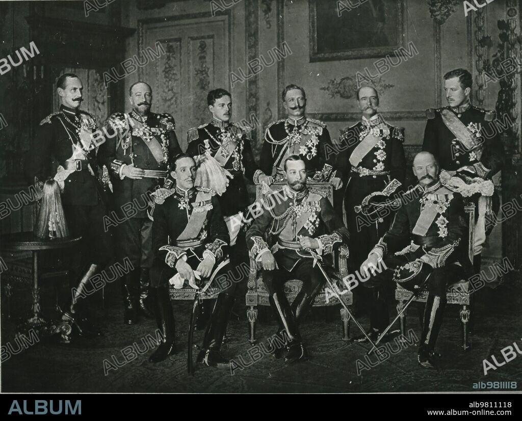May 1910. At Buckingham Palace On the death of Edward VII. Seated, Alfonso Xiii, George V of England, and Frederick Viii of Denmark. Standing, Haakon VII of Norway, Ferdinand I of Bulgaria, Manuel Ii of Portugal, William Ii of Germany, George I of Greece and Albert I of Belgium.