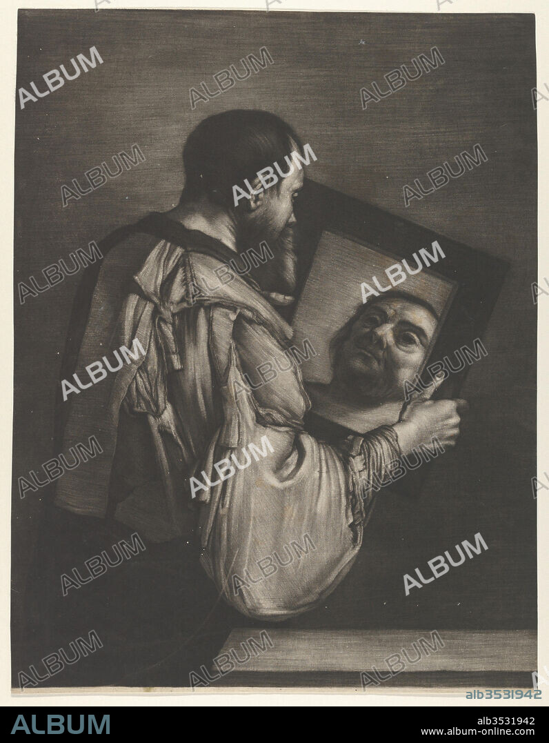 Socrates Looking in a Mirror, 17th century, Mezzotint, Sheet: 14 9/16 × 11 1/4 in. (37 × 28.5 cm), Prints, Bernard Vaillant (Dutch, Lille 1632–1698 Leyden), after Jusepe de Ribera (called Lo Spagnoletto) (Spanish, Játiva 1591–1652 Naples).