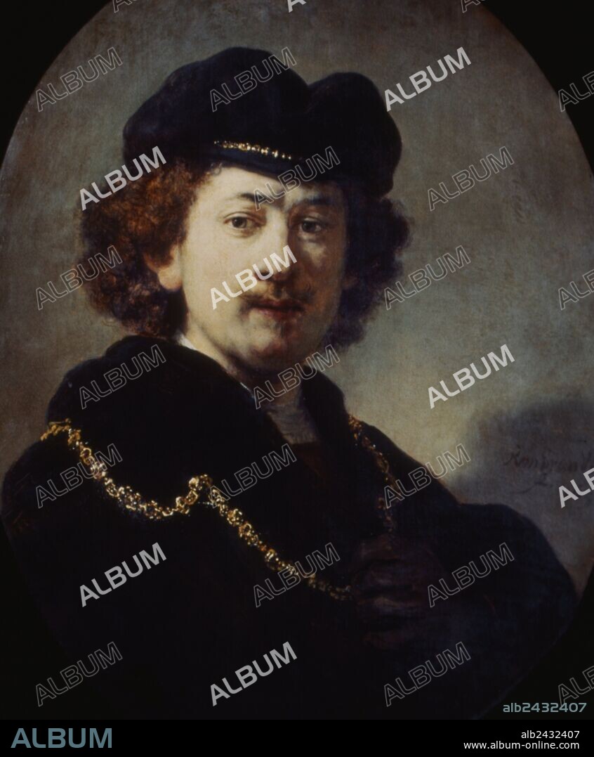 ARTE BARROCO. HOLANDA. REMBRANDT, Rembrandt Harmensz van Rijn o Rhijn, llamado (Leiden, 1606-Amsterdam, 1669). Pintor, grabador y dibujante holandés. "AUTORRETRATO CON SOMBRERO Y CADENA DE ORO" (1633). Detalle. Tabla. Museo del Louvre. París.