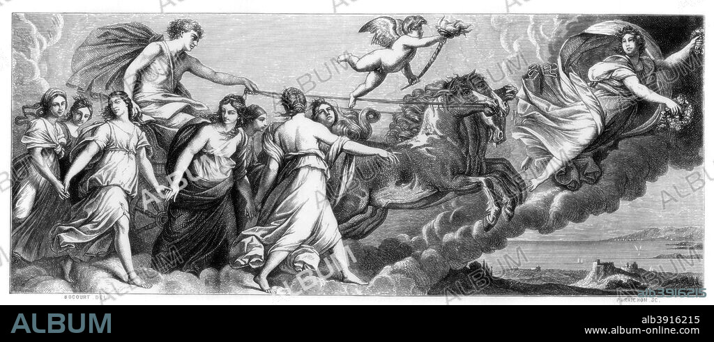 'Aurora (Dawn)', 1613-1614 (1870). Aurora was the Roman goddess of the dawn. After the painting by Guido Reni in the Casino Rospigliosi, Rome. A print from Les Chef D'oeuvre de la Peinture Italienne by Paul Mantz, Paris, 1870.