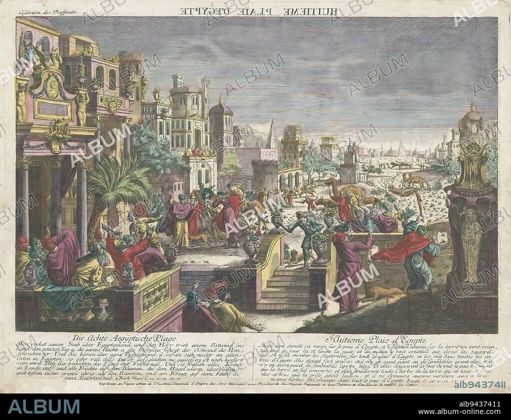 The Eighth Plague in Egypt, Die achte Aegyptische Plage (title on object), The Plague of the Locusts. View of a city under dark clouds, with railings and steps in the foreground. The people on the street are either beating around the bush or fleeing from the locusts that cover everything. Below the image explanations in German and French., publisher: Kaiserlich Franziskische Akademie, (mentioned on object), print maker: Monogrammist B (Duitsland), (mentioned on object), Jozef II (Duits keizer), (mentioned on object), publisher: Augsburg, print maker: Germany, 1755 - 1779, paper, etching, brush, height 325 mm × width 434 mm.