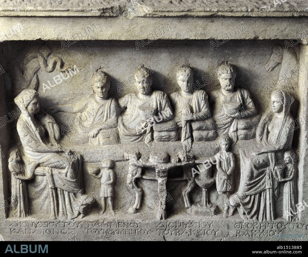 Hellenistic art, 3rd century b.C. Marble relief with scene of family meal. From Cyzicus, Turkey.