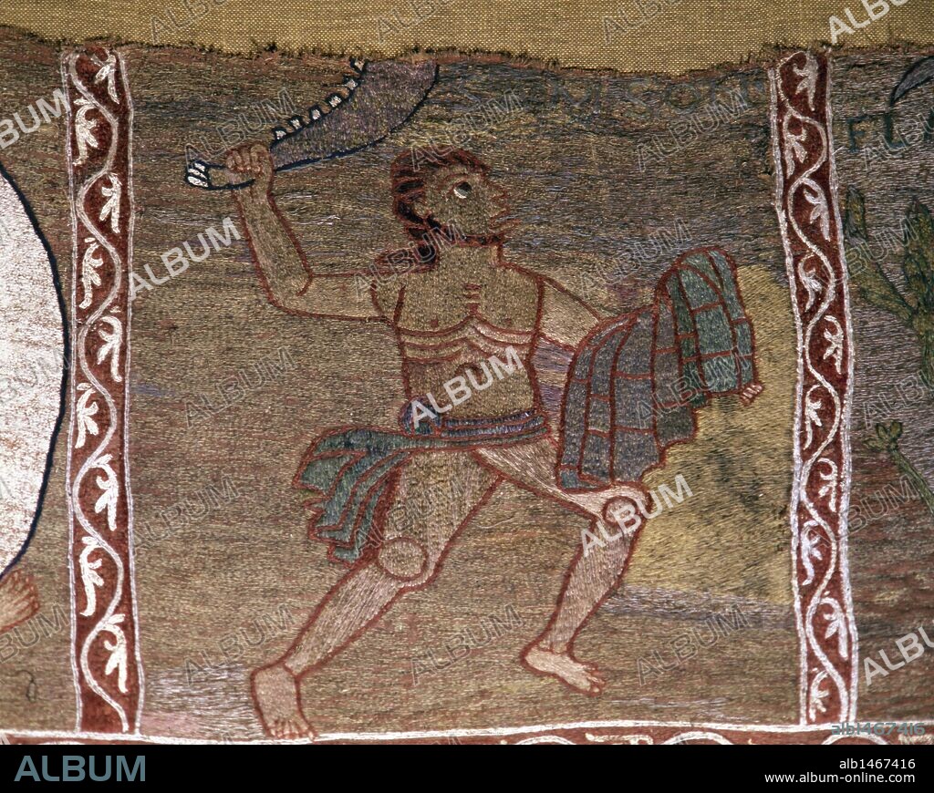 Romanesque Art. 11th century. Tapestry of Creation or Girona Tapestry. Samson with the jawbone of an ass in his hand. Museum of the Cathedral of Girona. Catalonia. Spain.