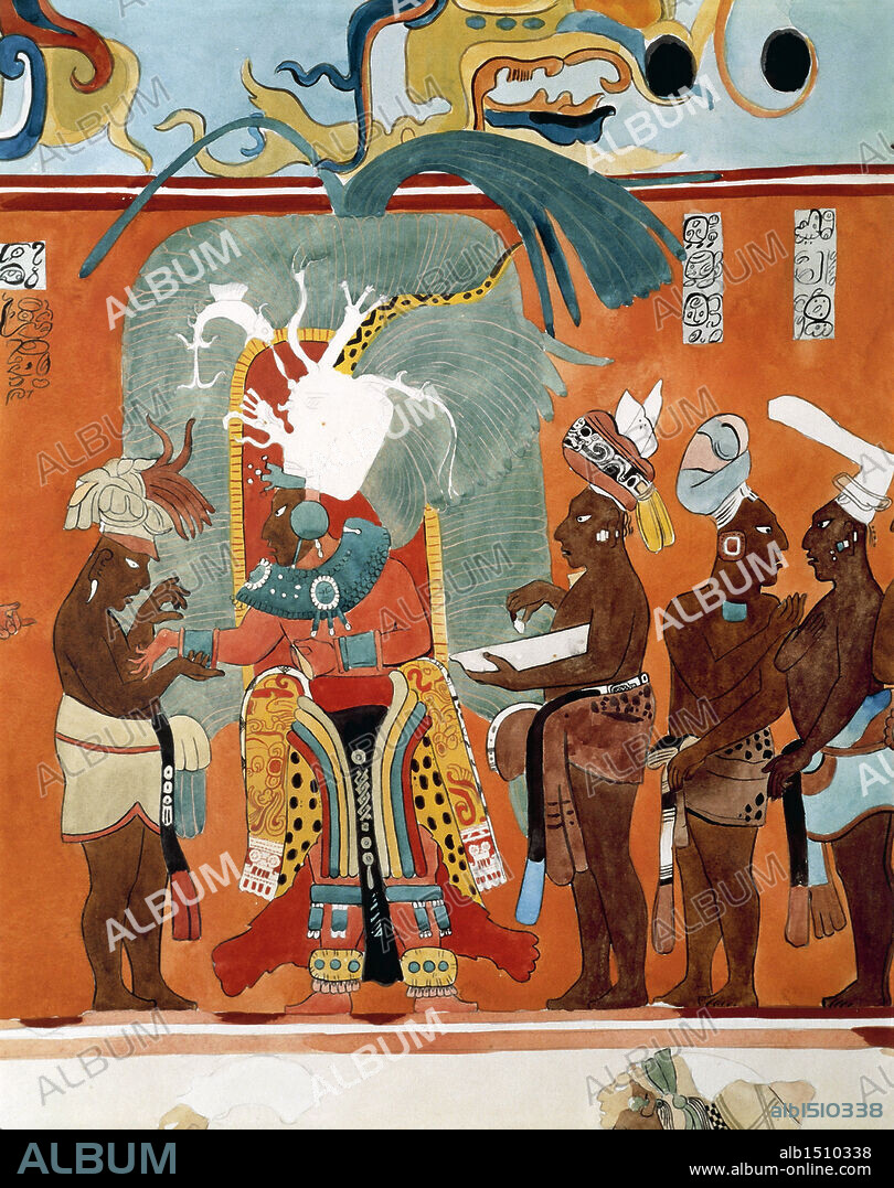 Maya civilization, Mexico, 9th century A.D.  Reconstruction of Bonampak frescoes (Maya archaeological site). Detail: dressing ceremony of a high priest.