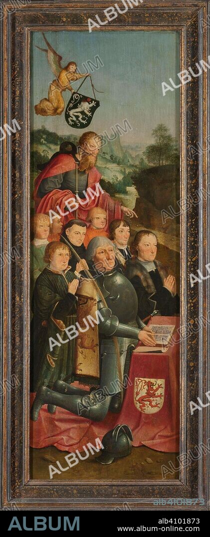 MASTER OF ALKMAAR. Memorial Panel with Eight Male Portraits, probably Willem Jelysz van Soutelande and Family, with Saint James the Greater and the Van Soutelande Family Crest, inner left wing of an altarpiece. Dating: c. 1515 - c. 1520. Measurements: support: h 101 cm × w 35.5 cm.