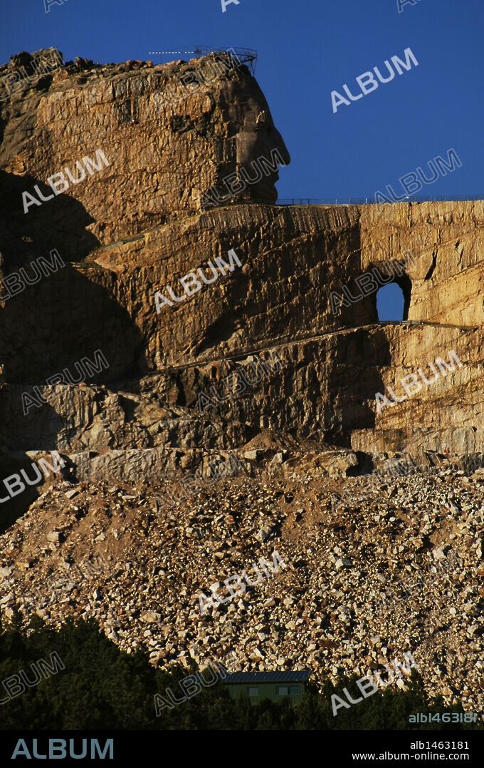 Crazy Horse Memorial. Detail of the mountain-monument under construction since 1948. Features the sculpted colossal head of Crazy Horse (Tasunka Witko) (1840-1877), chief of the Oglala Sioux. Black Hills. South Dakota, United States.