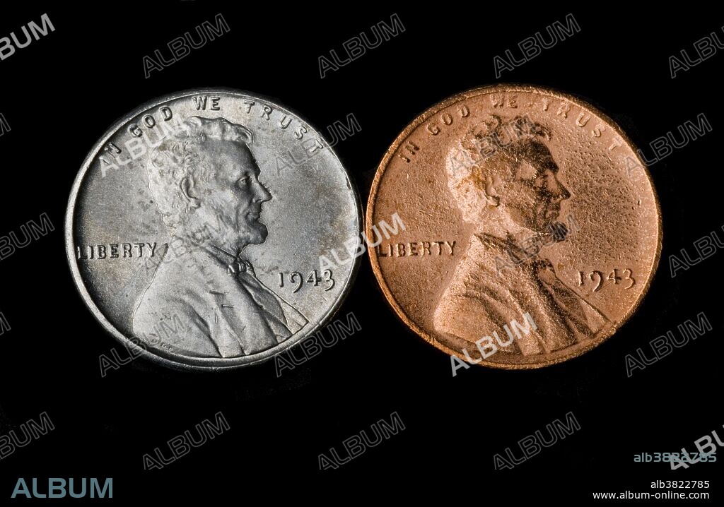 Nearly all circulating pennies in 1943 were struck in zinc-coated steel because copper and nickel were needed for the Allied war effort. Only 40 copper-alloy cents are known to remain in existence. Coin experts speculate that they were struck by accident when copper-alloy 1-cent blanks remained in the press hopper when production began on the new steel pennies. The coin in this photo is a fake created by applying a copper plating to a zinc-coated steel 1943 penny.