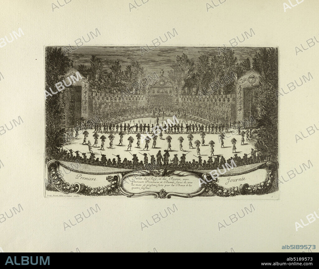 Print, Black ink on rolled paper, Horizontal rectangle: In the foreground, a banner, and above a frieze of the back of an audience. On stage, a procession of servants carrying banquet platters on their heads. A banquet table with seated guests in the background., France, 1664, Print.