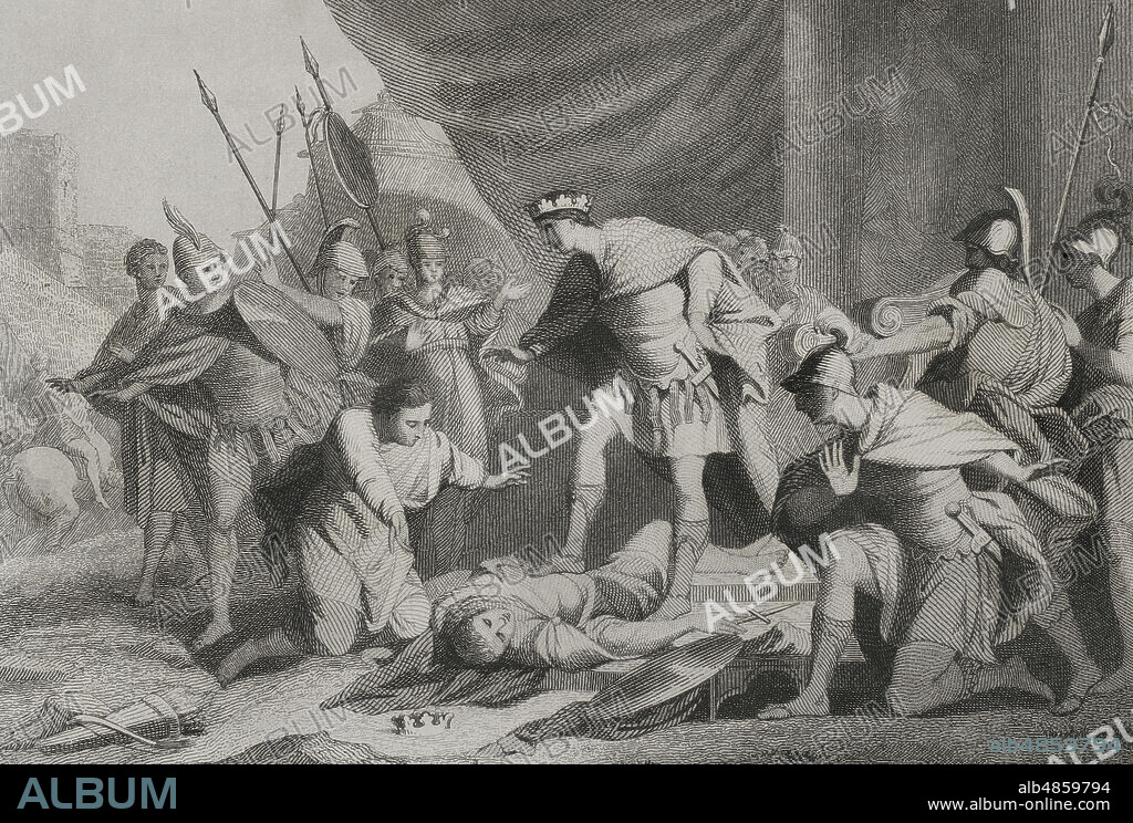 Bernardo de Septimania (795-844). Gobernó del 826 al 832 como Conde de Barcelona, y por segunda vez del 835 al 844 como Conde de Tolosa y Conde de Barcelona. "Conde de Barcelona asesinado por Carlos el Calvo". Ilustración por Cava. Grabado por Roca. Historia de Cataluña y de la Corona de Aragón, por Victor Balaguer. Tomo I. Barcelona,1860.