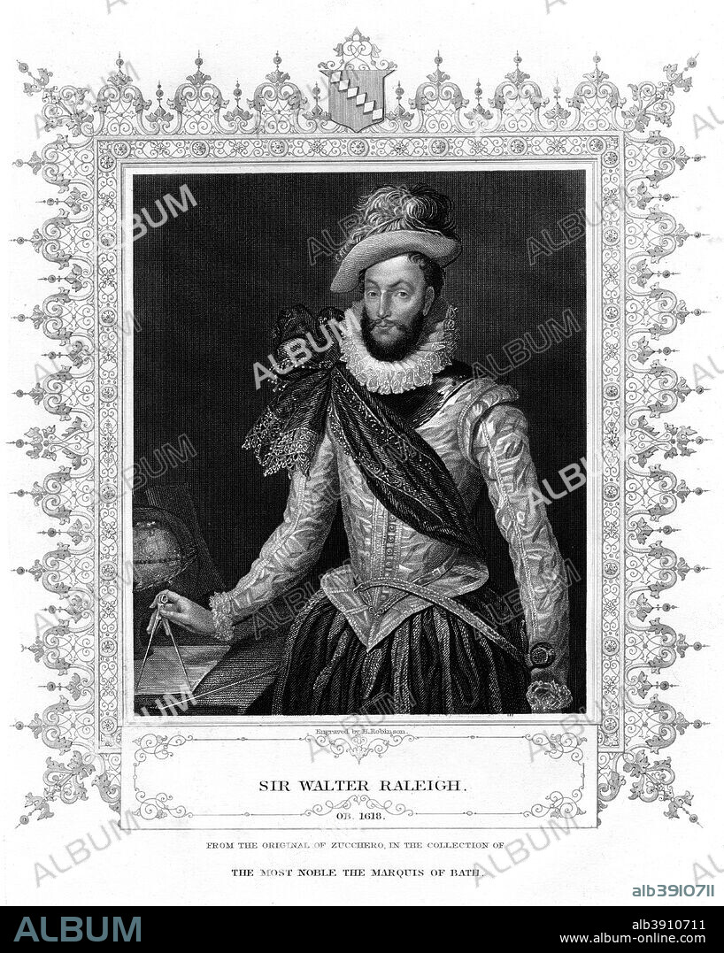 Sir Walter Raleigh, writer, poet, courtier and explorer, (19th century). Raleigh (1554-1618) was an English adventurer, explorer and writer, a favourite of Queen Elizabeth I, who knighted him in 1585. In 1584-1589 he was involved in an unsuccessful attempt to establish a colony in North America, but did introduce tobacco and the potato to Britain from the New World. Accused of treason by Elizabeth's successor, James I, he was imprisoned in the Tower of London and eventually put to death in 1618.