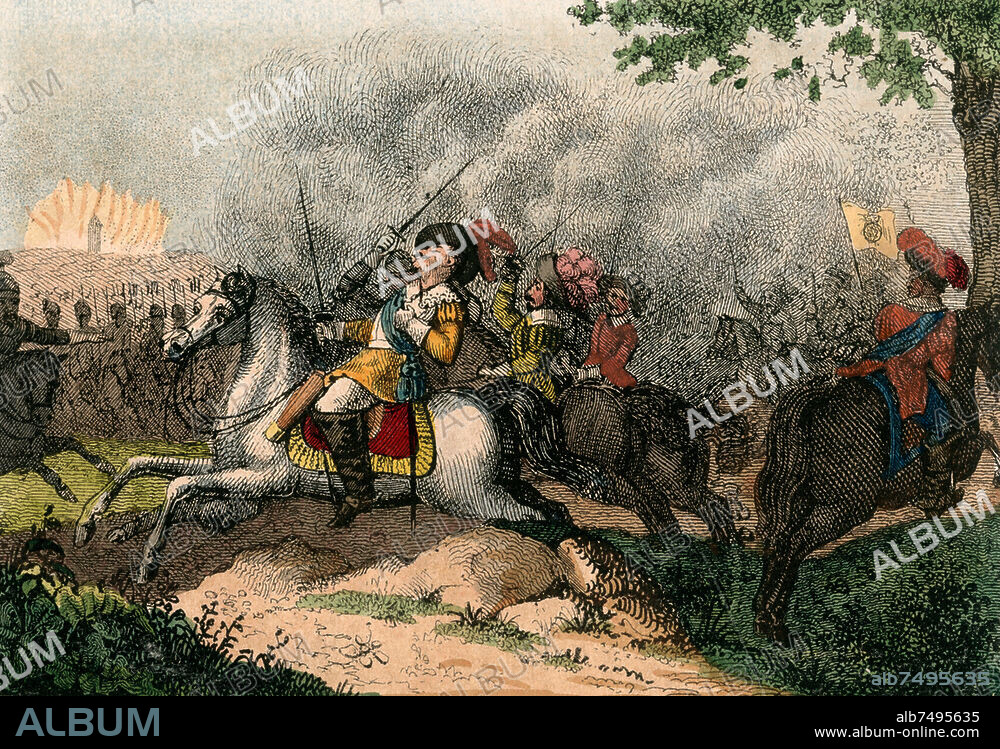 Gustav II. Adolf, König von Schweden (1611-32); 1594-1632. "Gustav Adolf's Tod in der Schlacht bei Lützen (16. Nov. 1632) ". Federlithographie, altkoloriert, unbez. Aus: L.Flathe, Gustav Adolf und der dreißigjährige Krieg, 4. Bd., Dresden (Eduard Pietzsch) 1842, vor S. 859. Berlin, Sammlung Archiv für Kunst und Geschichte.
