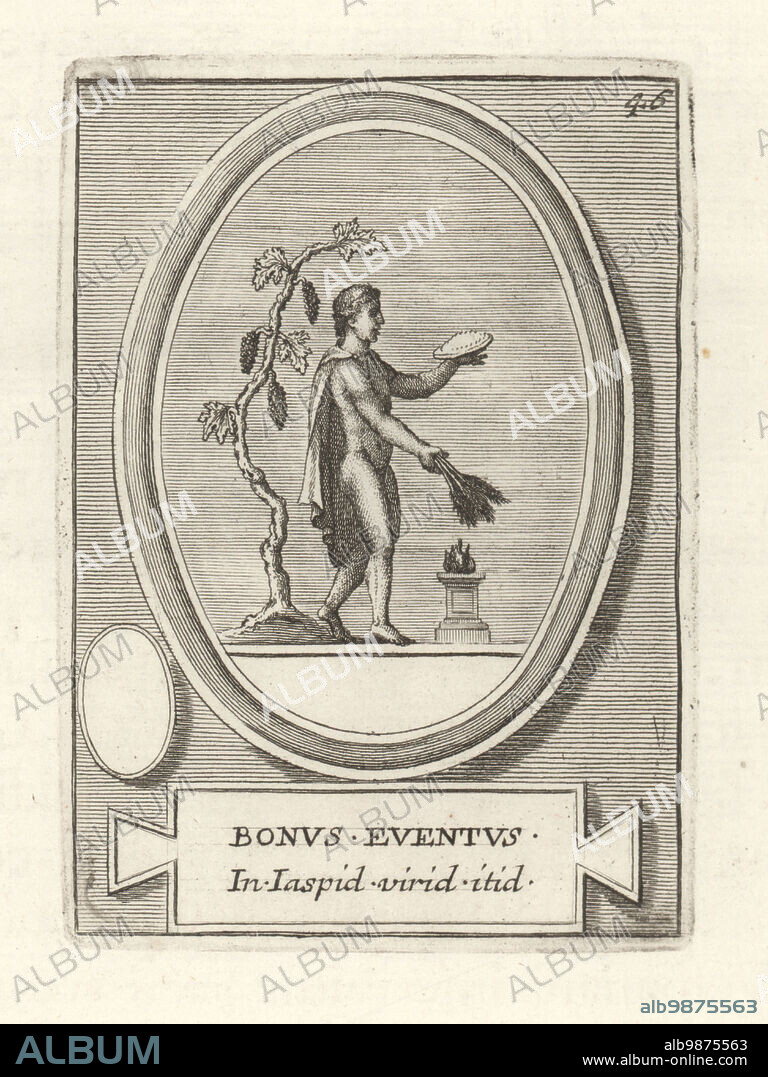 Figure of Bonus Eventus, rustic Roman god of agriculture. Naked with cloak, holding a bowl and ears of wheat in front of an altar. From an engraved green jasper gem. Bonus Eventus In Iaspid virid itid. Copperplate engraving from Francesco Valesio, Antonio Gori and Ridolfino Venutis Academia Etrusca, Museum Cortonense in quo Vetera Monumenta, (Etruscan Academy or Museum of Cortona), Faustus Amideus, Rome, 1750.