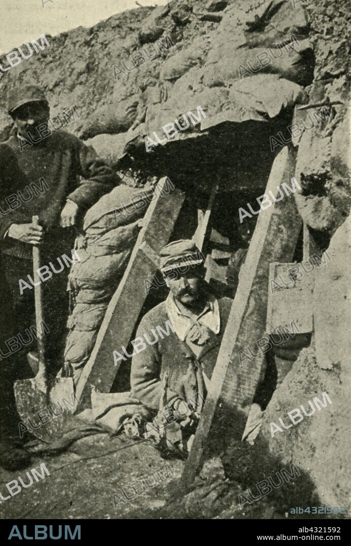 'Entrance to a Sap along the French Front', First World War, 1915, (c1920). 'The mine subsequently exploded in this sap killed a great number of Germans'. A 'sap' was a covered trench, dug by 'sappers', often experienced civilian miners. These trench were filled with explosives and detonated, followed by an attack on the surprised survivors from the destroyed position. From "The Great World War - A History" Volume III, edited by Frank A Mumby. [The Gresham Publishing Company Ltd, London, c1920].