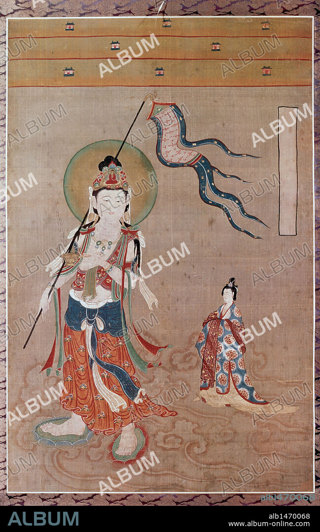 ARTE CHINO. S. X. "KUAN YIN GUIANDO UN ALMA", según una versión oriental del mito de Caronte. Probablemente es una copia hecha en el período Ming de otra pintura de la época Tang desaparecida.