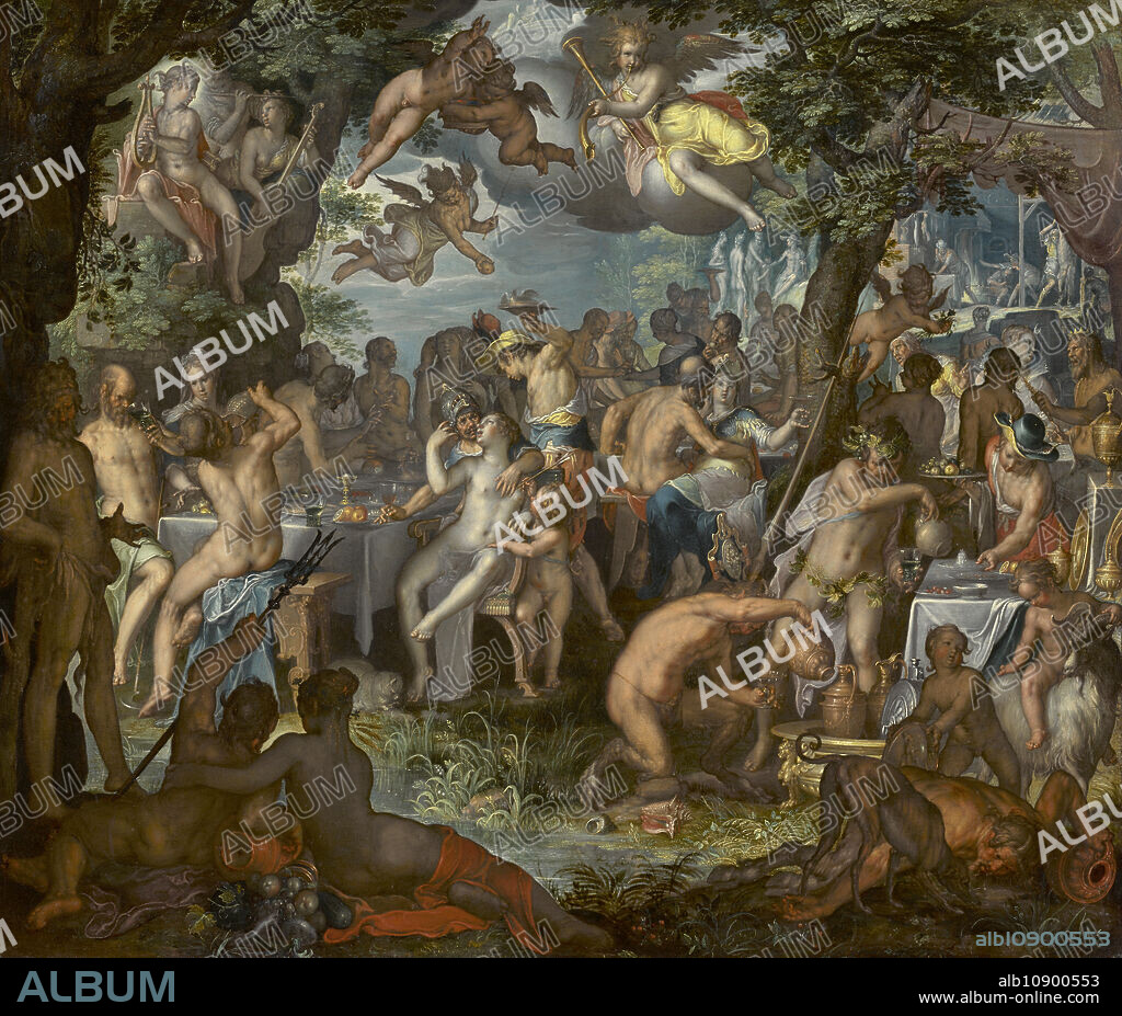 JOACHIM ANTHONISZ WTEWAEL. The Wedding Of Peleus And Thetis, 1612. The gods of ancient Greece celebrate the wedding of Peleus and Thetis, the future parents of Achilles. Only Eris, goddess of discord, had not been invited, though she makes a dramatic appearance. Hovering over the festivities on bat-like wings, she holds a golden apple that will cause an argument among the assembled goddesses, eventually leading to the Trojan War.