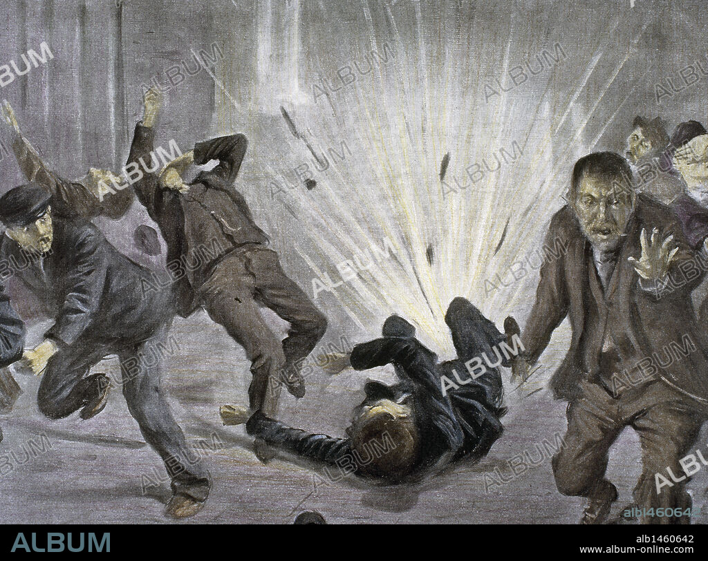ATENTADO ANARQUISTA. Explosión de una bomba en la confluencia de la calle Fernando con la Plaza de Sant Jaume (17 de noviembre de 1904). Barcelona. Cataluña. España. Grabado coloreado.