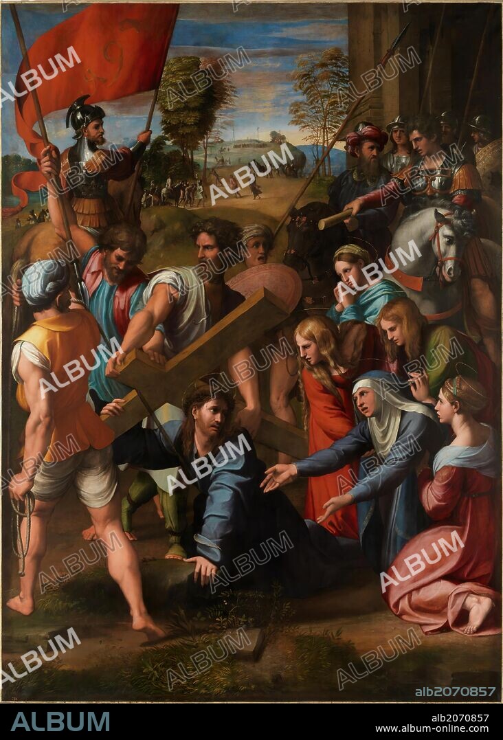 RAPHAEL (y taller). Rafael (y taller) / 'Caída en el camino del Calvario, o El Pasmo de Sicilia', 1515-1516, Escuela Italiana, Óleo sobre Tabla, 318 cm x 229 cm, P00298.