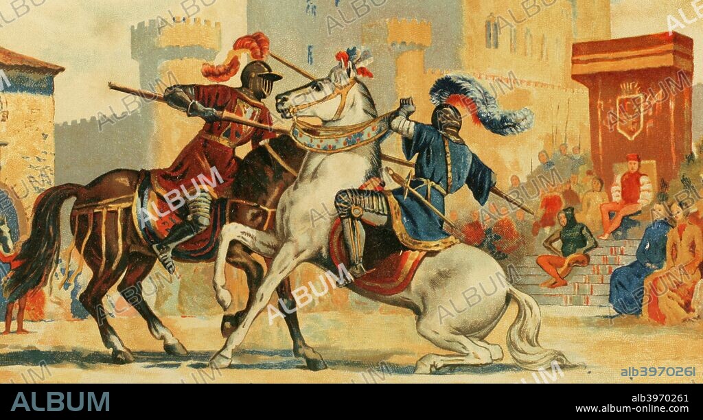 Historia medieval europea. Torneo medieval. Dos contendientes a caballo luchando con lanzas. Cromolitografía, detalle. La Civilización, tomo III, 1882. Biblioteca Histórico Militar de Barcelona, Cataluña, España.