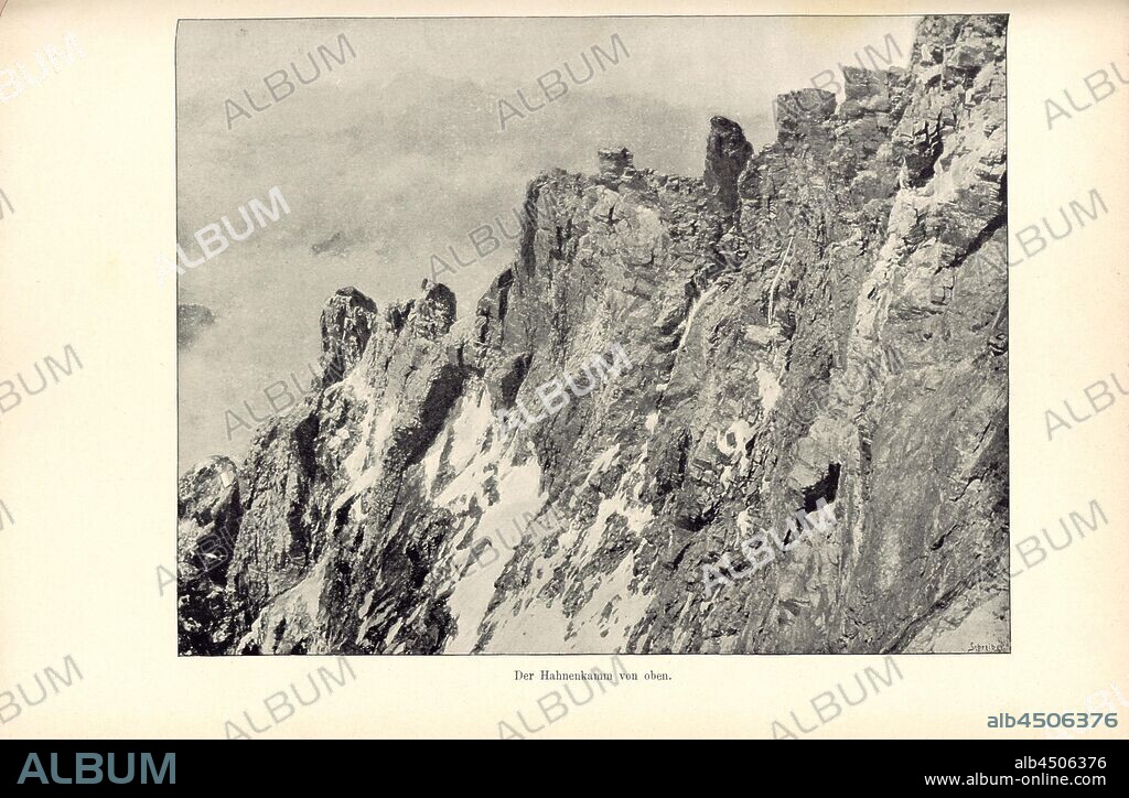 The Hahnenkamm from above, Crête du Coq on the Matterhorn in the Valais Alps, signed: Schreiber, Fig. 42, after p. 68, Schreiber, Eberhard (Autotypie), Theodor Wundt: Das Matterhorn und seine Geschichte. Berlin: Raimund Mitscher, [1896].