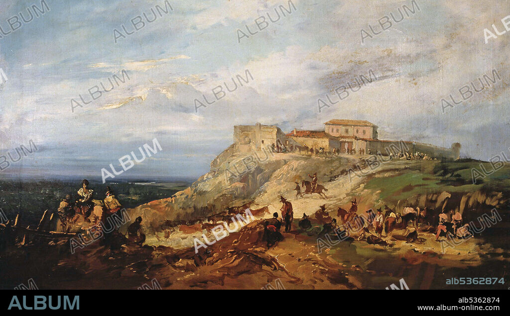 EUGENIO LUCAS VELAZQUEZ. PINTOR ESPAÑOL. MADRID 1824-1870. " TOROS BAJANDO AL RIO EN LA MUÑOZA " OLEO. MUSEO ACADEMIA DE BELLAS ARTES DE SAN FERNANDO. MADRID.