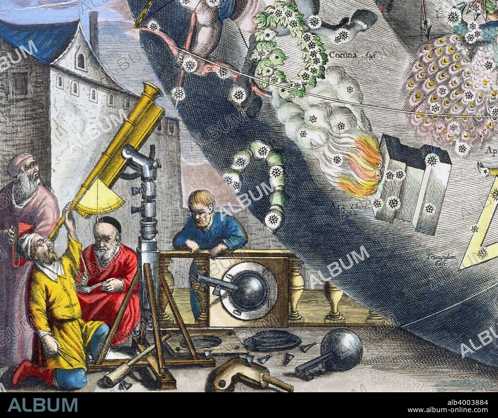 Astonomers looking through a telescope, 1660-1661. From The Celestial Atlas, or The Harmony of the Universe (Atlas coelestis seu harmonia macrocosmica) by Andreas Cellarius, published by Johannes Janssonius, (Amsterdam 1660-1661).