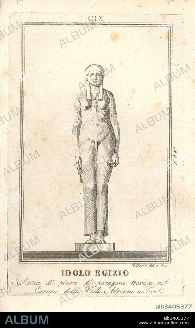 Statue of an Egyptian idol in diaphanous robe holding an ankh and lotus. Found in the Canopus of Hadrian's Villa at Tivoli. Copperplate engraving by G. Bossi after an illustration by G. Bossi from Pietro Paolo Montagnani-Mirabili's Il Museo Capitolino (The Capitoline Museum), Rome, 1820.