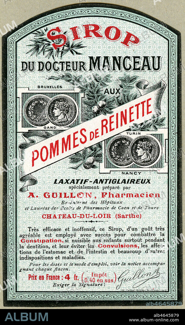 'Sirop du Docteur Manceau aux pommes de reinette, laxatif, antiglaireux'. Illustration anonyme pour une etiquette vers 1890. Credit : Collection IM/KHARBINE-TAPABOR.