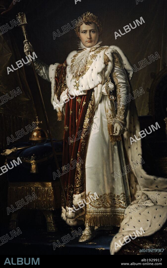 FRANÇOIS PASCAL SIMON. NAPOLEON I Bonaparte (Ajaccio,1769-Santa Elena, 1815). Cónsul Vitalicio (1802) y en Emperador de los franceses (1804-1815). Retrato oficial de" Napoleón I en traje de la Consagración", por el Barón François Gérard, 1805. Museo Histórico Alemán (Deutsches historisches Museum). Berlín. Alemania. Europa.