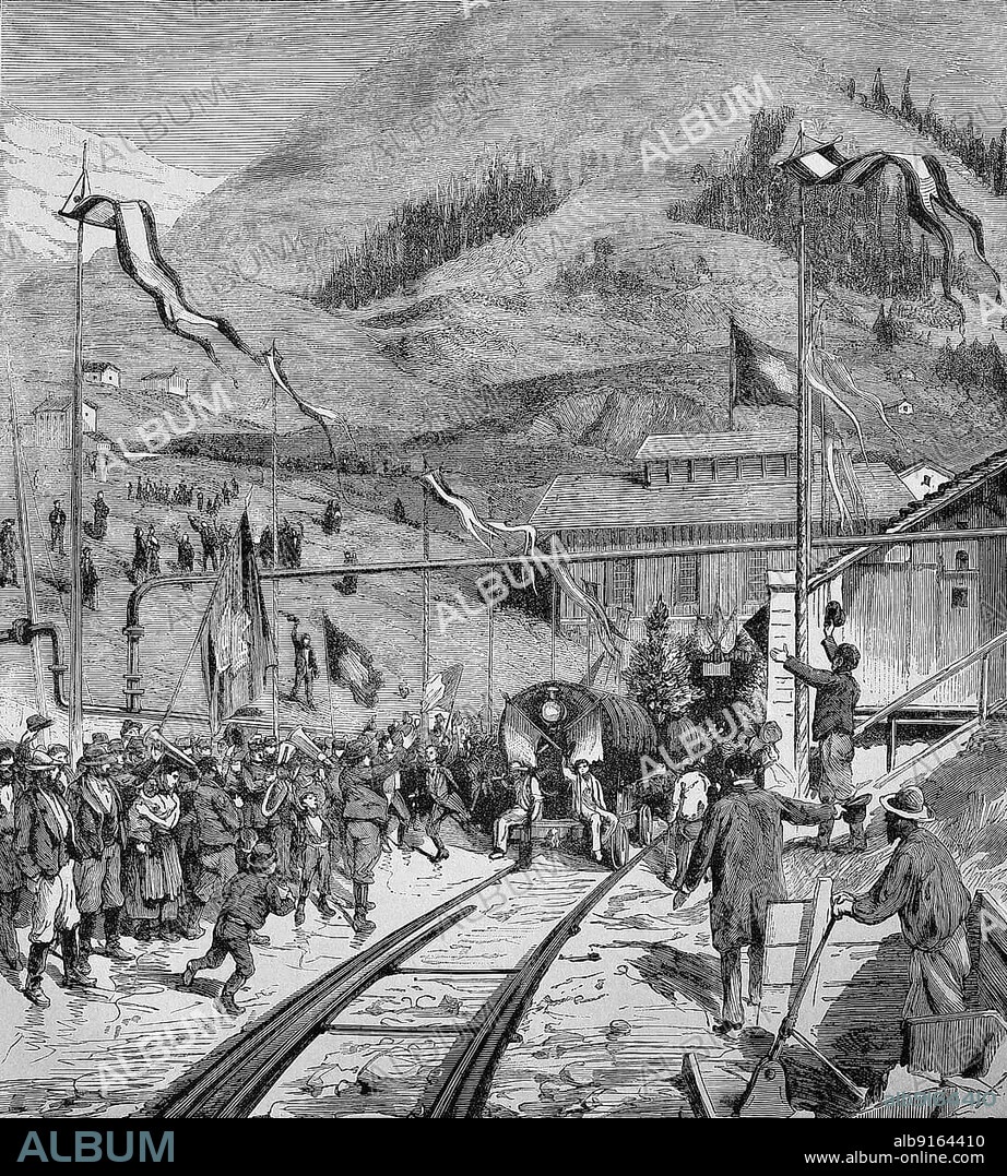 The Gotthard Tunnel, Celebrating the Arrival of the First Train at Airolo, 1882, Switzerland, Historic, digitally restored reproduction of a 19th century original