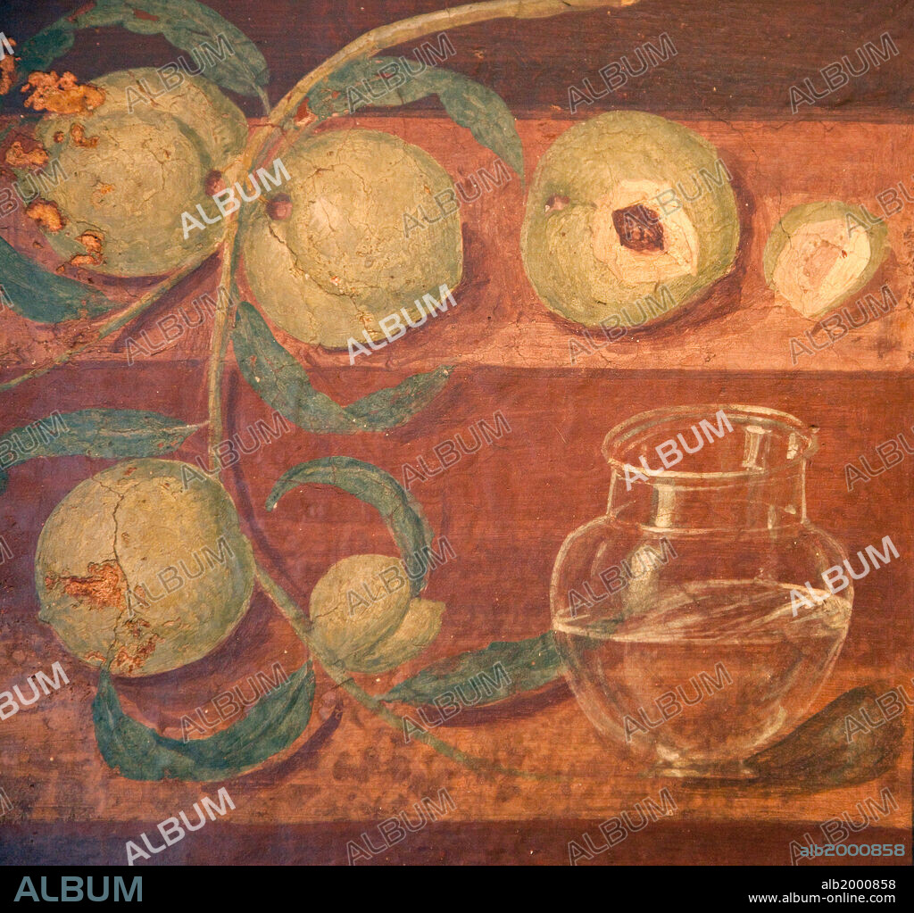Italy, Naples Museum, Herculaneum, House of Stags (or Deer) (IV, 21), Still Life with Peaches. The House of Stags was probably built between 41 and 68 AD. In this painting, found in one of its rooms, four peaches complete with branch and leaves rest on two wooden shelves. One of the peaches is missing a piece and reveals its core. On the lower shelf, to the right, there is a glass jar halfway full of water. A dried fruit or fish lies next to the jar.
