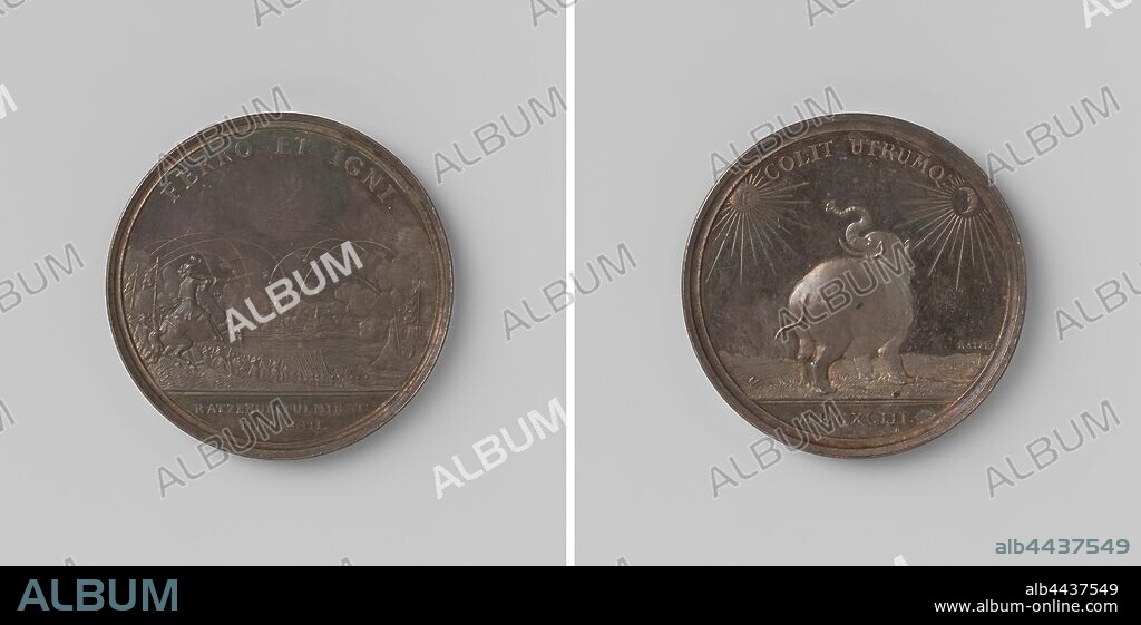 The bombing of Ratzeburg by Christian V, King of Denmark, Silver Medal. Obverse: bombing of a city within a circle, cut: year. Reverse: Danish elephant lifts its snout to sun and moon in a circular, cut off: year, Ratzeburg, Schleswig-Holstein, Christiaan V (king of Denmark and Norway), Jan Schmeltzing (I), Leiden, 1693, silver (metal), striking (metalworking), d 3.7 cm × w 302 gr.