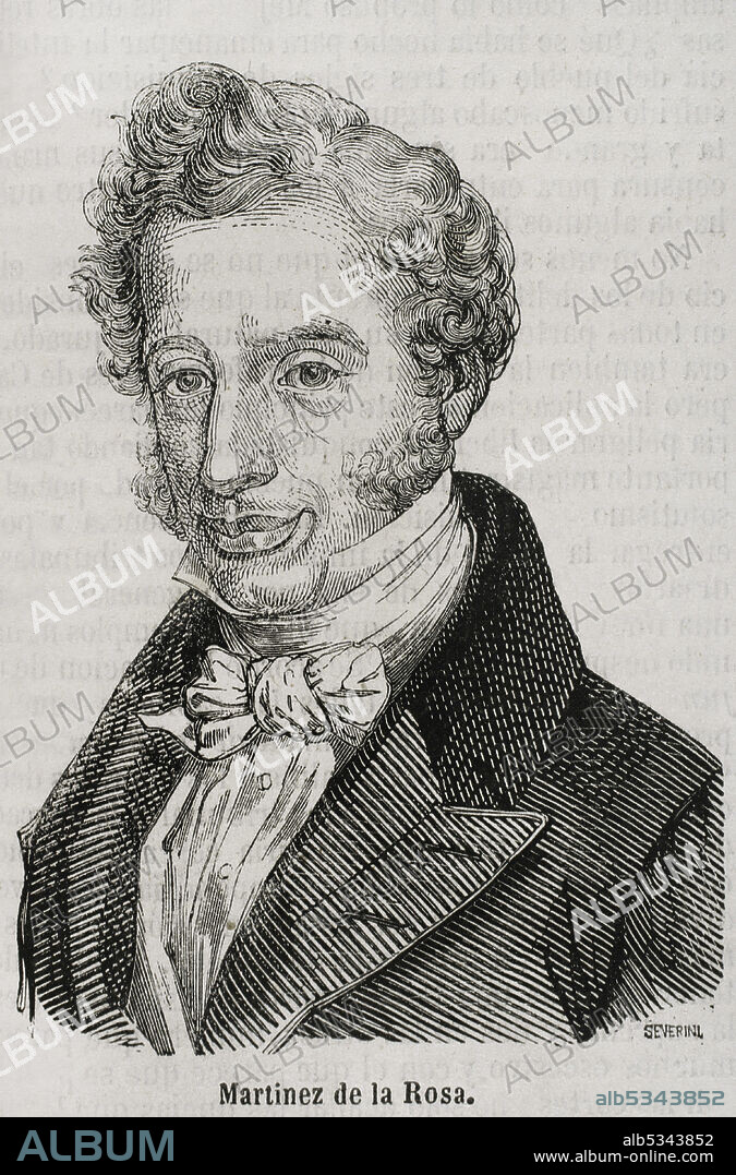 Francisco Martínez de la Rosa (1787-1862). Poeta, dramaturgo, político y diplomático español. Fue el primer presidente del Consejo de Ministros de España. Grabado por Severini. Historia General de España por el Padre Mariana. Madrid, 1853.