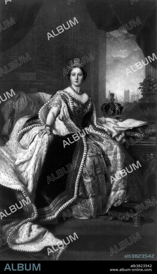 Victoria (May 24, 1819 - January 22, 1901) was Queen of the United Kingdom of Great Britain and Ireland. Her reign is known as the Victorian era. It was a period of industrial, cultural, political, scientific, and military change within the United Kingdom, and was marked by a great expansion of the British Empire. She was the last British monarch of the House of Hanover. Victoria was the daughter of Prince Edward, the fourth son of King George III. She inherited the throne aged 18, after her father's three elder brothers had all died, leaving no surviving legitimate children. The United Kingdom was already an established constitutional monarchy, in which the sovereign held relatively little direct political power. Victoria married her first cousin, Prince Albert in 1840. Their nine children married into royal and noble families across the continent, tying them together and earning her the sobriquet "the grandmother of Europe". She died in 1901 at the age of 81. With a reign of 63 years, seven months and two days, Victoria was the longest-reigning British monarch and the longest-reigning queen regnant in world history until her great-great-granddaughter Elizabeth II surpassed her on September 9, 2015. Photogravure by Boussod Valadon & Company, 1897.