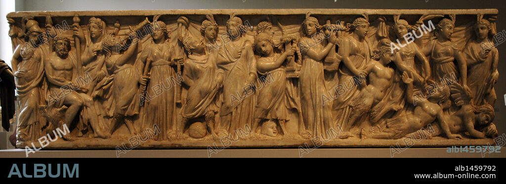 Roman Art. Marble sarcophagus with the contest between the Muses and the Sirens. The deities Athena, Zeus, and Hera, assembled at the far left, preside over a musical contest. 3rd century. Late Imperial period. Metropolitan Museum of Art. New York. United States.