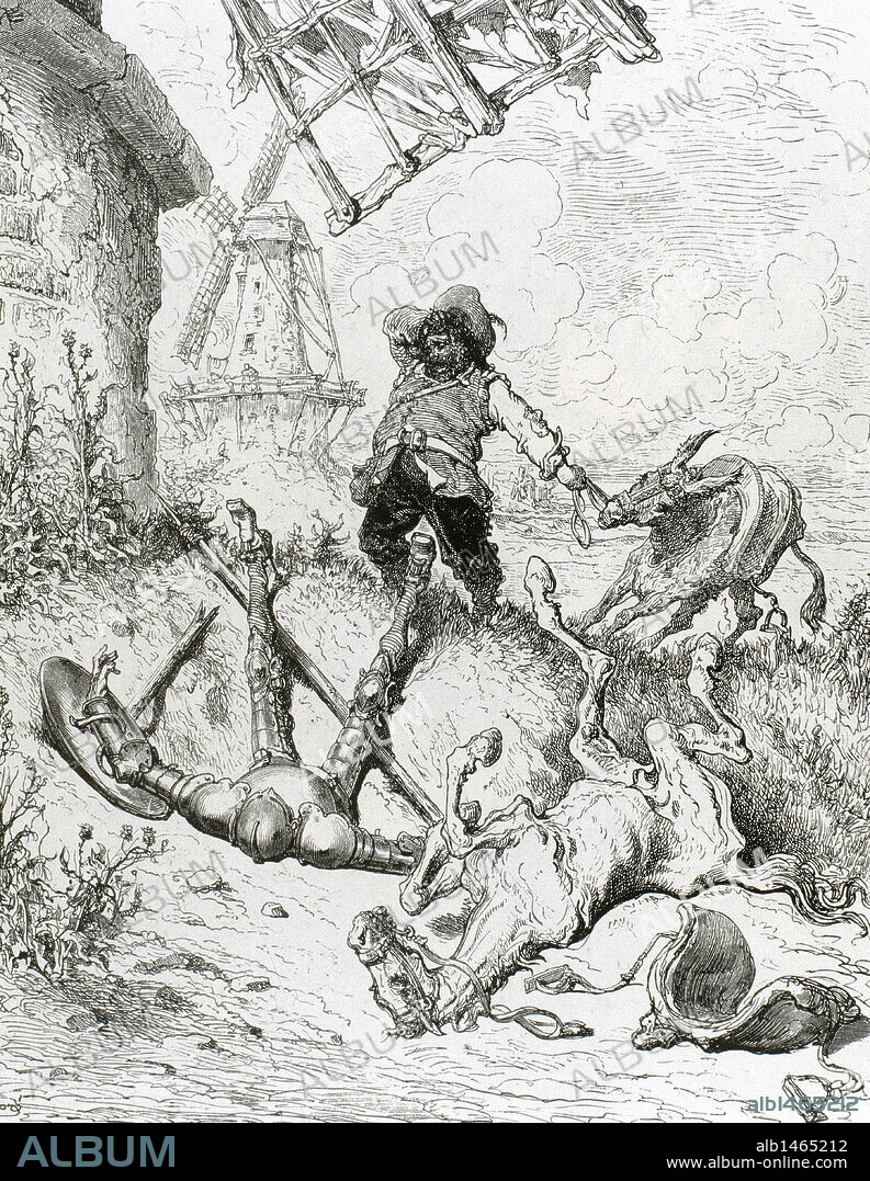 PAUL GUSTAVE DORÉ (after). Spanish literature. "The Ingenious Hidalgo Don Quixote of La Mancha", written by Miguel de Cervantes Saavedra (1547-1616). Sancho Panza assists to Don Quixote after the attack on the Windmills (Book I). Gustave Dore engraving.