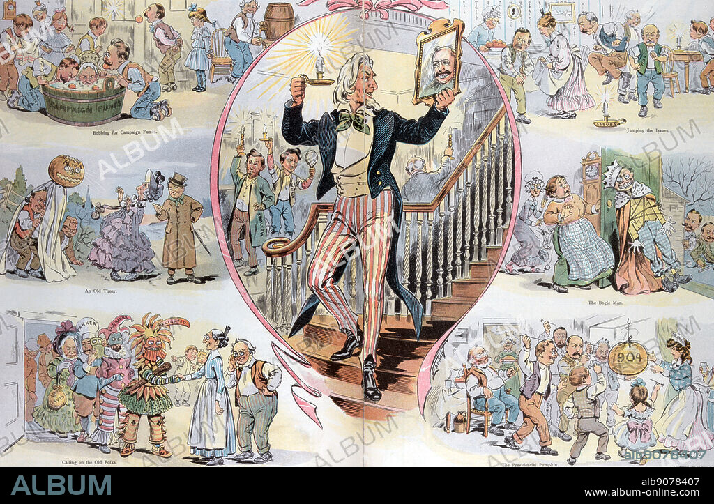 Uncle Sam's Halloween by Samuel Ehrhart, 1862-1937, artist. Illustration shows a vignette cartoon, with, at centre, Uncle Sam looking into a mirror while descending a stairway in a hall, 'Swallow' and 'Watson' are standing in the hall, holding candles; in the vignette at lower left, the presidential and vice-presidential candidates, Roosevelt, Fairbanks, Parker, and Davis, arrive in costume, on the lower right they are unmasked and engaged in a game with Columbia. On the middle left is 'Bryan' as 'An Old Timer', and on the right 'Taggart' and 'Belmont' play a prank on an elderly woman with a dummy labelled 'Militarism'. At top left, bobbing for 'Campaign Funds' are 'Taggart, Bliss, Cortelyou, [and] Belmont' and on the right 'Odell, Shaw, [and] Hill' are 'Jumping the Issues'. 1904.
