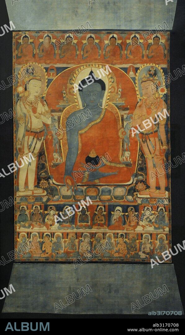 Budismo. Bhaisajyaguro, el "Buda de la Medicina" o el "Maestro de la Medicina". Imperio Tangut (982-1227). Khara-Khoto, finales siglo XII-XIII. Actual China. Thangka (tapiz pintado sobre algodón). Museo del Hermitage (The State Hermitage Museum). San Petersburgo. Rusia.