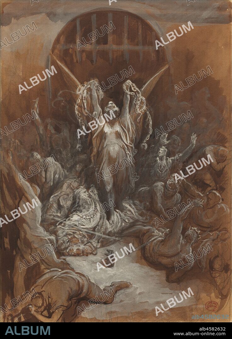 Liberty, c. 1865-1875. Gustave Doré is best known for his skill as a draftsman (often seen in book illustrations), as well as for his sense of the fantastic and visionary. In the present drawing, his fluid washes and flowing lines of white add to the dramatic scene of a liberating angel breaking chains. The drawing relates to Doré's  Defense of Paris (Memories of 1870) , which treated an event from the recent Franco-Prussian War with a figure representing Liberty. A major difference between the painting and the drawing is that Doré represented soldiers in contemporary uniforms in the painting, but in the drawing of Liberty, he conceived a broader theme in which crowns and medieval costumes evoke an earlier time.
