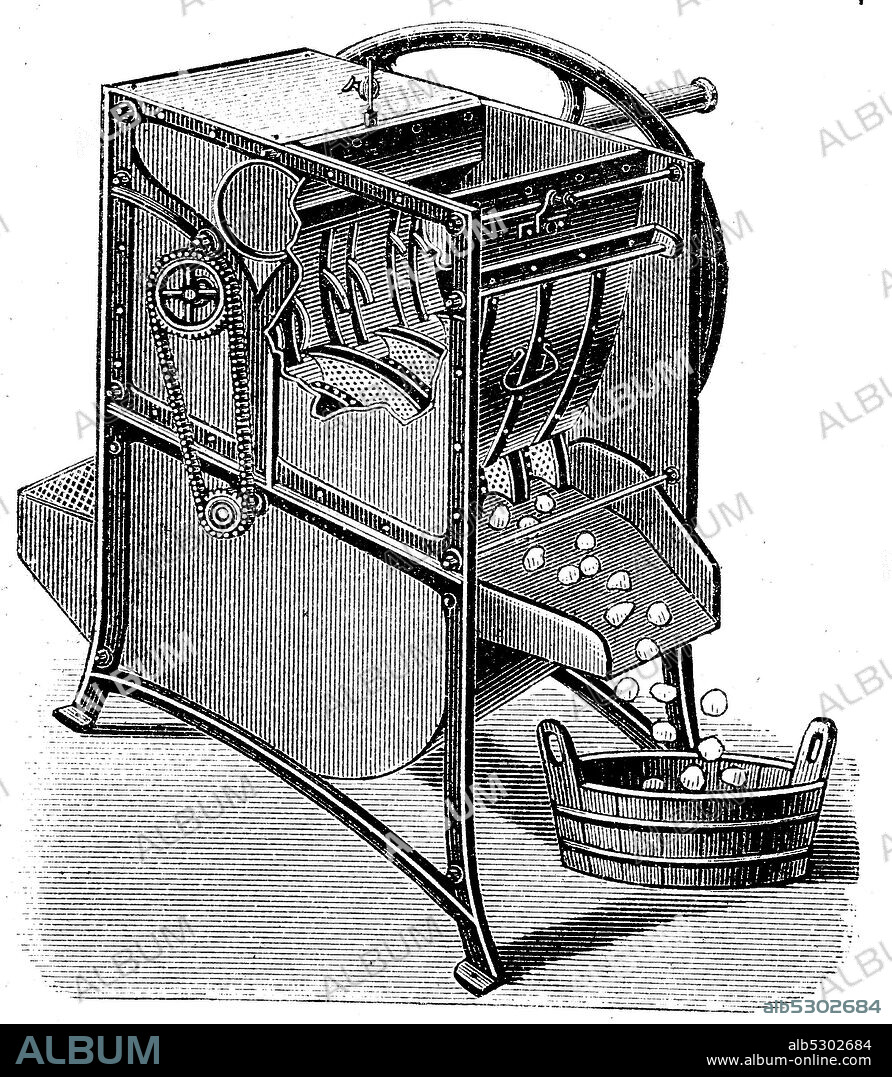 Schälmaschine für Kartoffel, Möhren und Zwiebel der Firma Herzog aus Leipzig, ca 1880  /  Peeling machine for potatoes, carrots and onions from the Herzog company in Leipzig, Digitale Reproduktion von einer Originalvorlage aus dem 19. Jahrhundert / digital improved reproduction of an original print from the 19th century.
