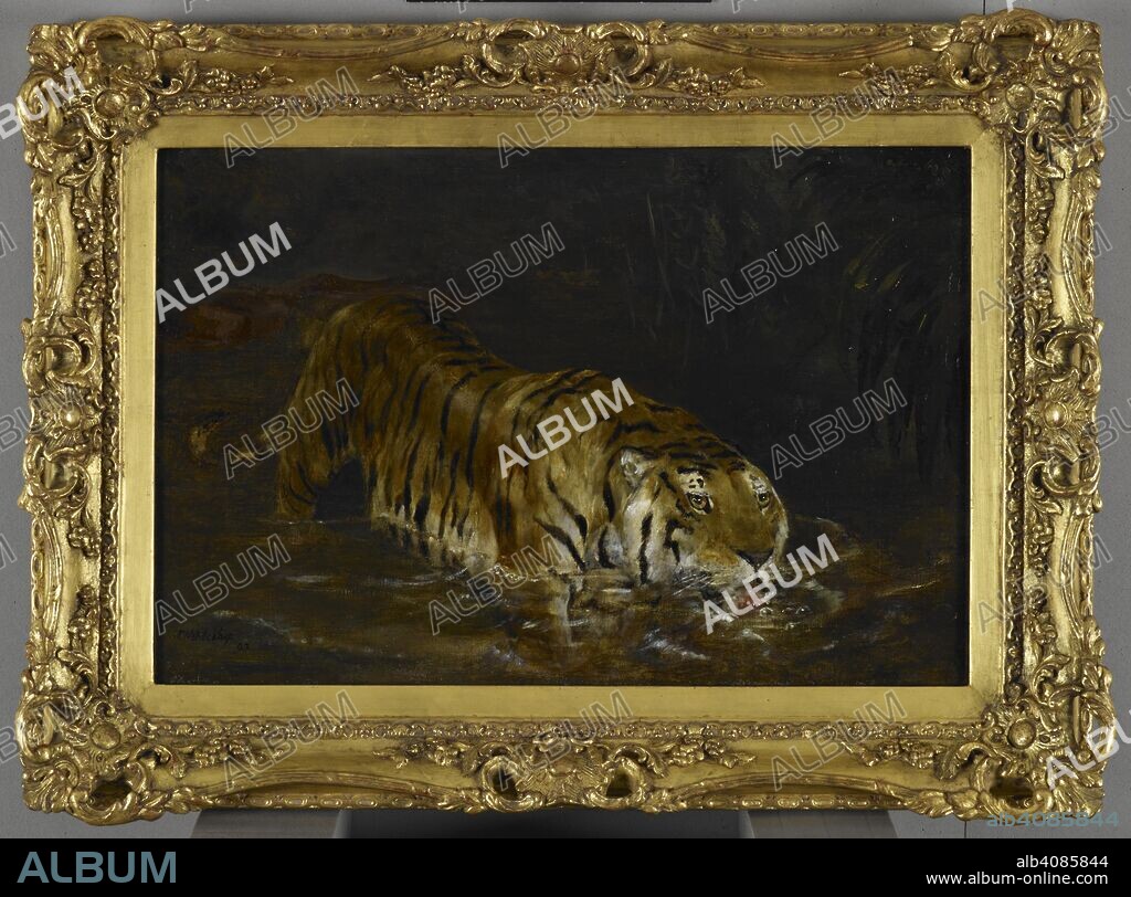 JOHN TRIVETT NETTLESHIP. Tiger drinking at a jungle pool. c.1880. Oil painting. 40.5 by 60.5 cms. Source: Foster 884.