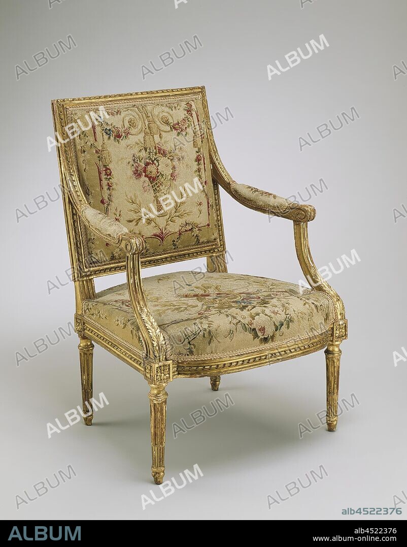 Georges Jacob, French, 1739-1814, Arm Chair, between 1780 and 1785, carved and gilded beechwood frame, wool and silk upholstery (Beauvais tapestry), Overall: 36 × 25 1/2 × 22 inches (91.4 × 64.8 × 55.9 cm).