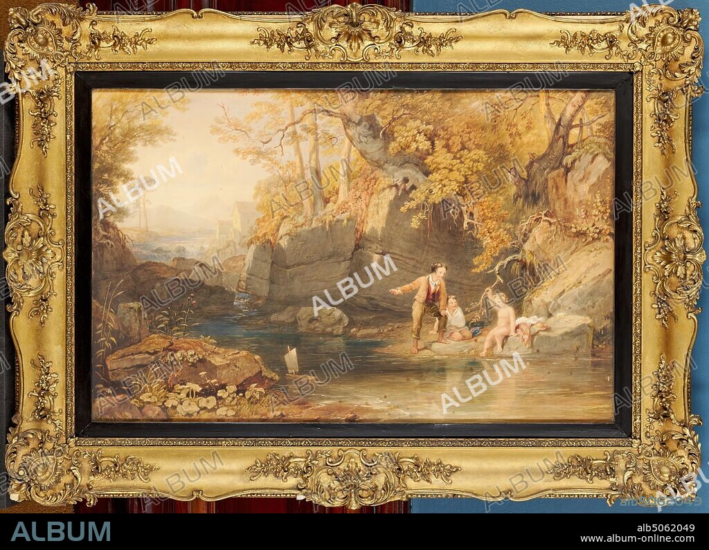 The Little Boat Adrift, 1820-76 Henry Gastineau (d.1876), Boat, Watercolour, Paper, Frame, Rocks, Nude, Child, Literature, Play, River, Nature, Young, Works on Paper.