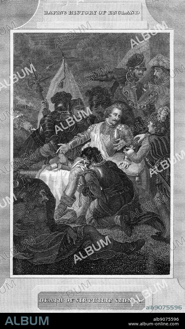 Death of Sir Philip Sydney'. Philip Sidney (1554-1586) English soldier, statesman poet, and patron of poets: Governor of Flushing (1585): Mortally wounded in the thigh at the Battle of Zutphen in which the Dutch and English defeated the Spanish, 22 September 1586. Died at Arnhem 26 days later. Copperplate engraving c1815 showing Sidney being tended on the battlefield.