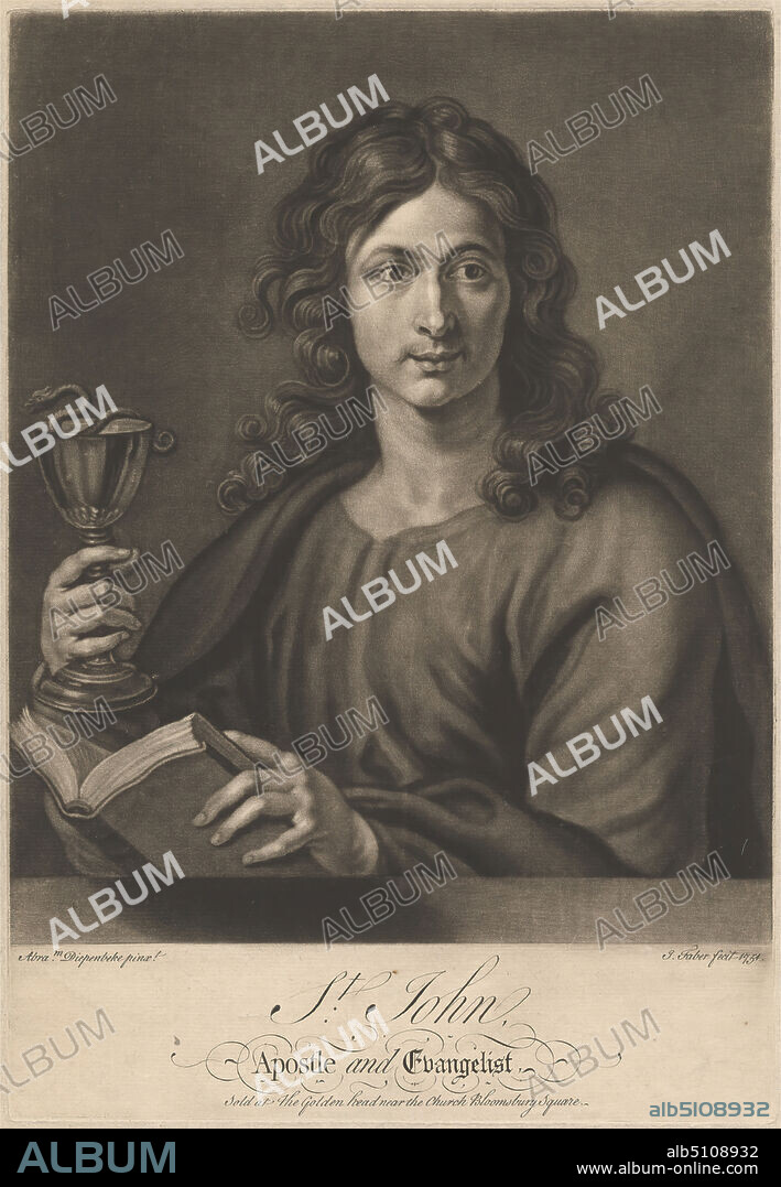 St. John, Apostle and Evangelist, Print made by John Faber the Younger, ca. 16951756, Netherlandish, active in Britain, after Abraham van Diepenbeeck, 15961675, Flemish, Published by John Faber the Younger, ca. 16951756, Netherlandish, active in Britain, 1751, Mezzotint on medium, slightly textured, cream laid paper, Sheet: 13 9/16 x 9 1/2 inches (34.4 x 24.1 cm), Plate: 12 15/16 x 8 15/16 inches (32.8 x 22.7 cm), and Image: 10 13/16 x 8 15/16 inches (27.5 x 22.7 cm), book, chalice, cloak, man, New Testament, religious and mythological subject, serpent.