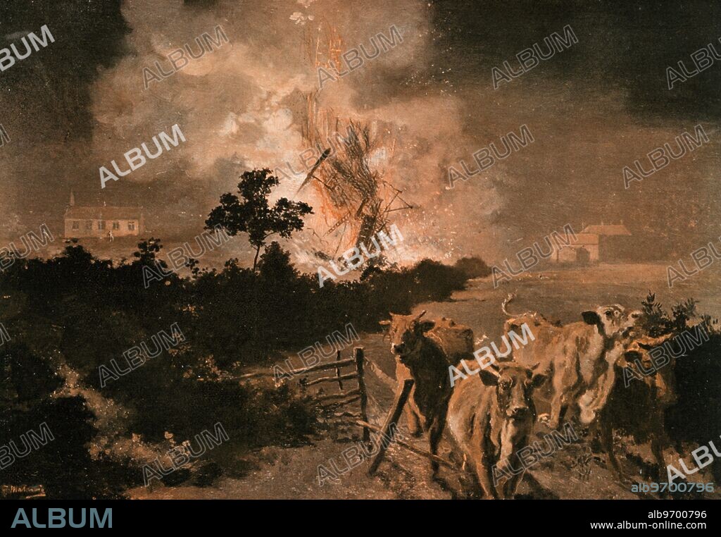 From a drawing by F Matania : Destruction of Zeppellin at Cuffley , Hertfordshire , England. 2 September 1916.