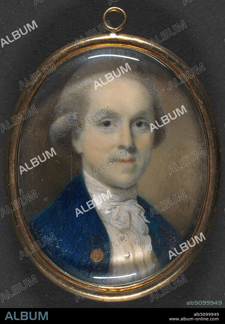 Gentleman in a Blue Coat, Horace Hone, 17561825, British, 1781, Watercolor on ivory, Frame: 2 1/4 x 1 5/8 x 1/2 inches (5.7 x 4.1 x 1.3 cm) and Image: 1 7/8 x 1 1/2 inches (4.8 x 3.8 cm), coat, cravat, gentleman, man, nobility, portrait, ruffle, wig.