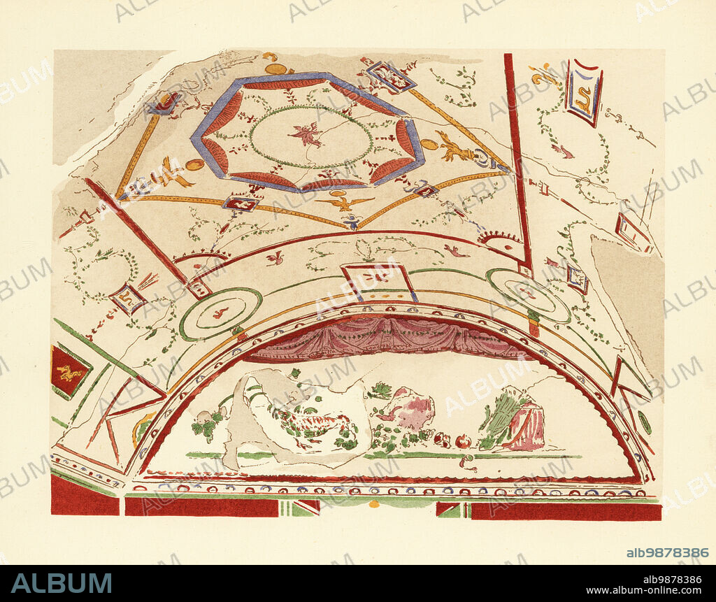 Vaulted parlour in a house on the road to Stabiae, Pompeii. Fourth Pompeian Style. Oecus voute dune maison de la rue de Stabies. Quatrieme style. Handcoloured pochoir (stencil) lithograph by Pierre Guzman from his own Decoration murale a Pompei, (Wall decoration at Pompeii), Editions Albert Morance), Paris, 1924.