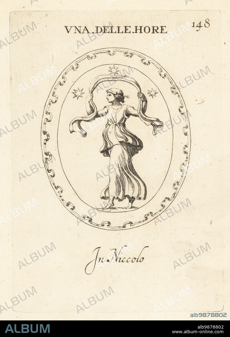 One of the Horae, Greco-Roman goddesses of the seasons. Hora dancing among the stars. In nicolo. Une Delle Hore. In niccolo. Copperplate engraving by Giovanni Battista Galestruzzi after Leonardo Agostini from Gemmae et Sculpturae Antiquae Depicti ab Leonardo Augustino Senesi, Abraham Blooteling, Amsterdam, 1685.